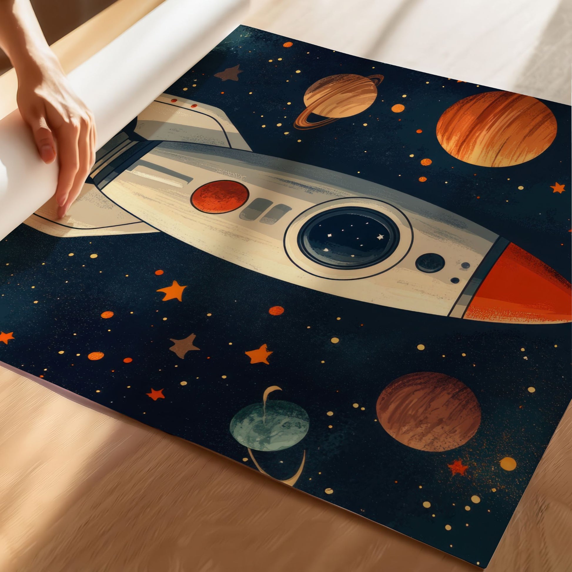"Kosmisk Rakett"-plakat og lerret, en perfekt dekorasjon for romelskere i alle aldre. Illustrasjon viser motiv på print.