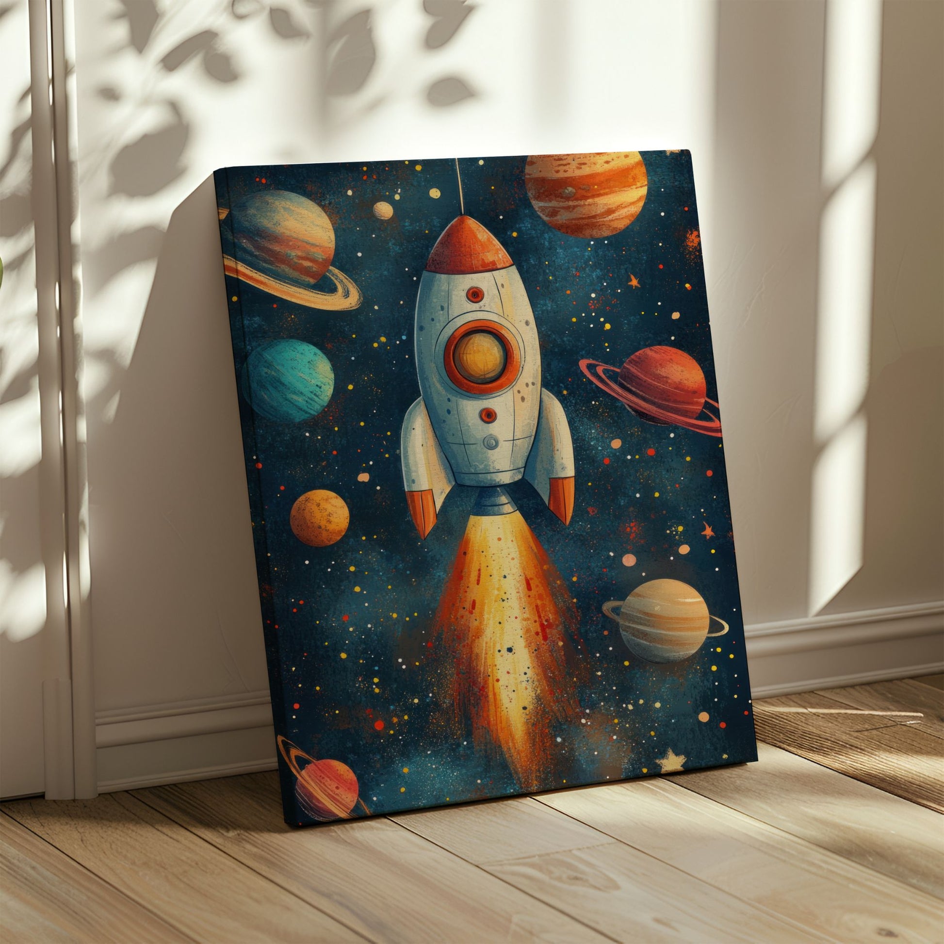 "Kosmisk Rakett"-plakat og lerret, en perfekt dekorasjon for romelskere i alle aldre. Illustrasjon viser motiv på lerret.