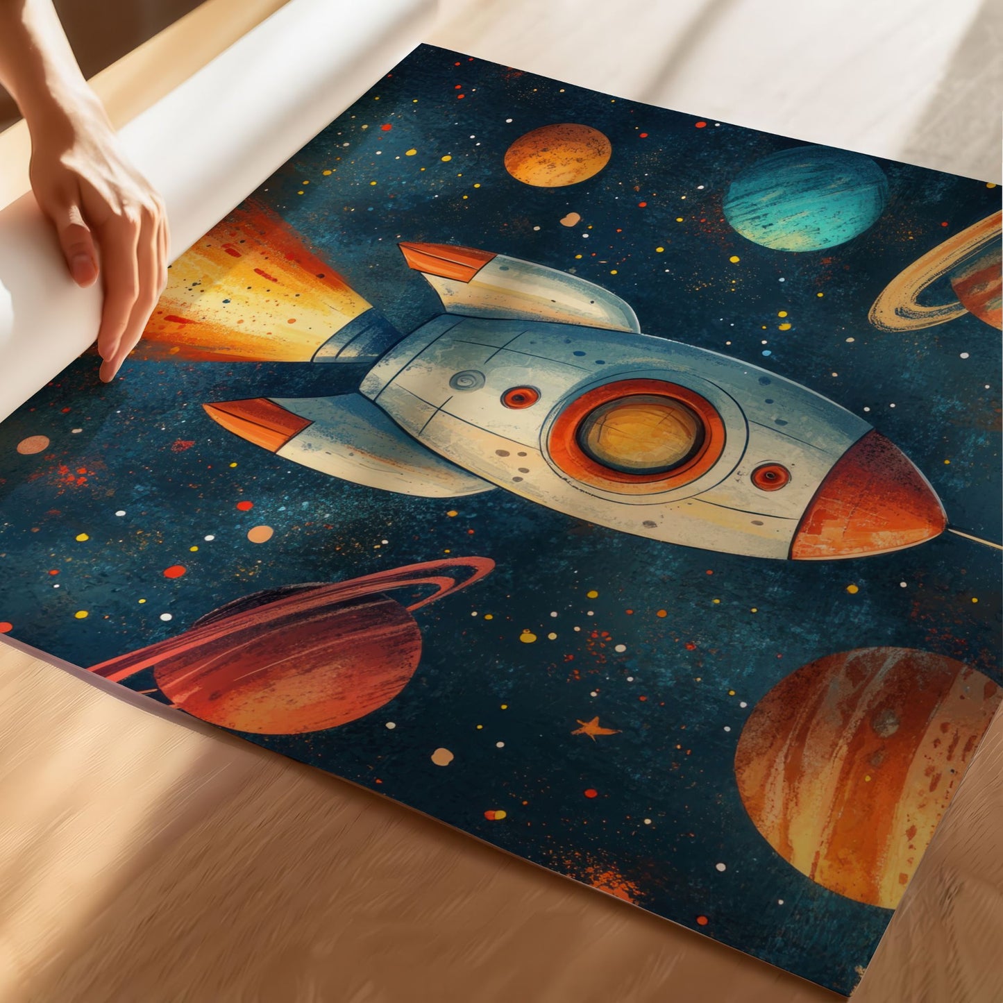 "Kosmisk Rakett"-plakat og lerret, en perfekt dekorasjon for romelskere i alle aldre. Illustrasjon viser motiv som print.