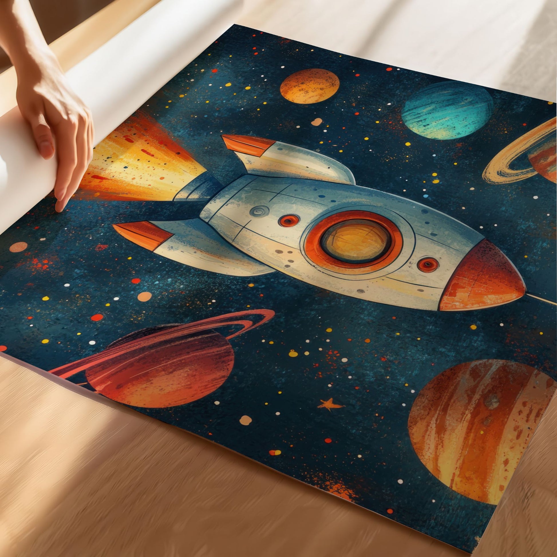 "Kosmisk Rakett"-plakat og lerret, en perfekt dekorasjon for romelskere i alle aldre. Illustrasjon viser motiv som print.