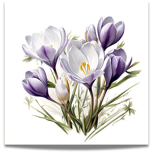 Gi rommet en rolig og ren påskestemning med Krokus i Hvitt og Lilla – Plakat. En harmonisk blanding av farger og blomster – ideell for minimalistisk interiør.