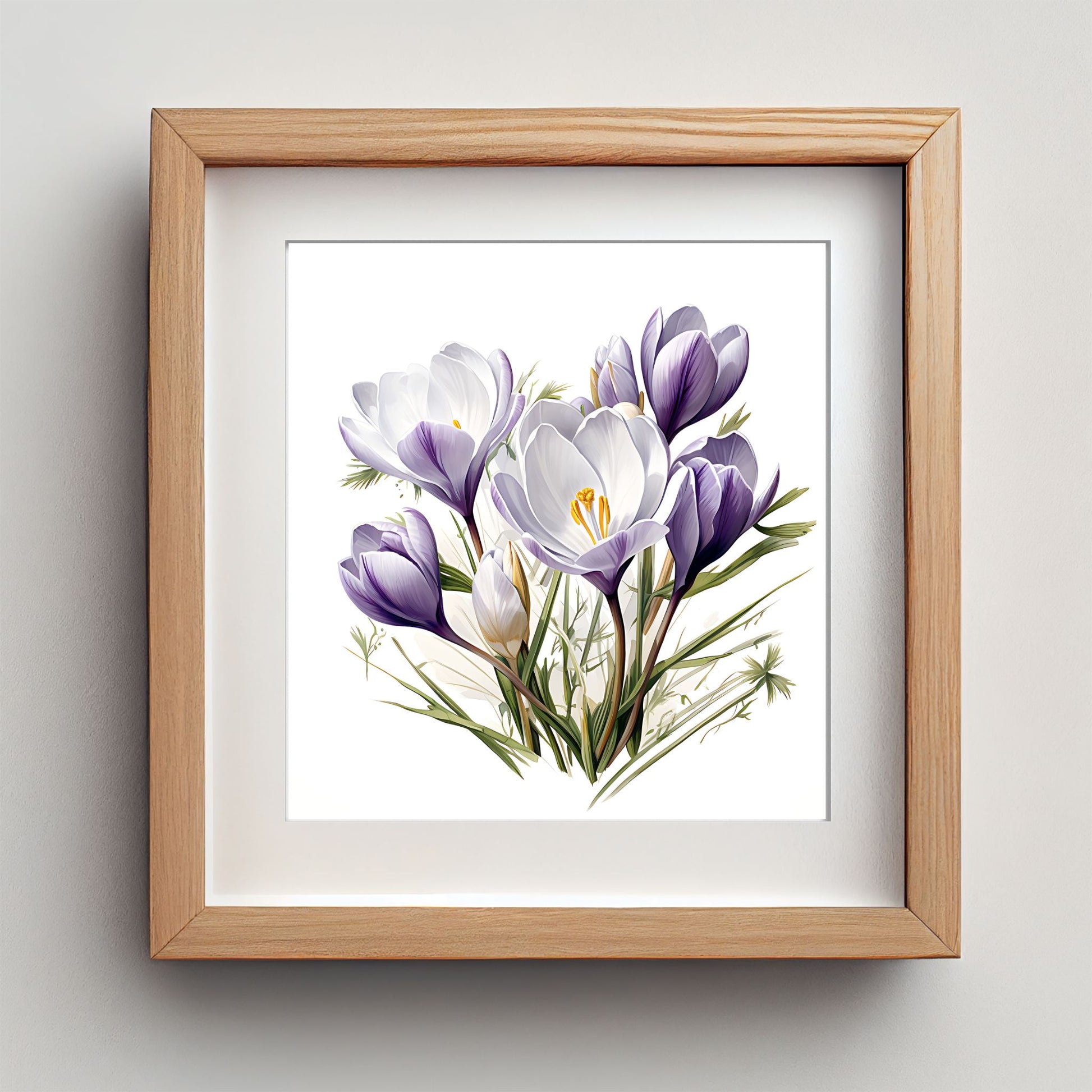 Gi rommet en rolig og ren påskestemning med Krokus i Hvitt og Lilla – Plakat. En harmonisk blanding av farger og blomster – ideell for minimalistisk interiør. Illustrasjon viser plakat med passepartout i eik ramme.