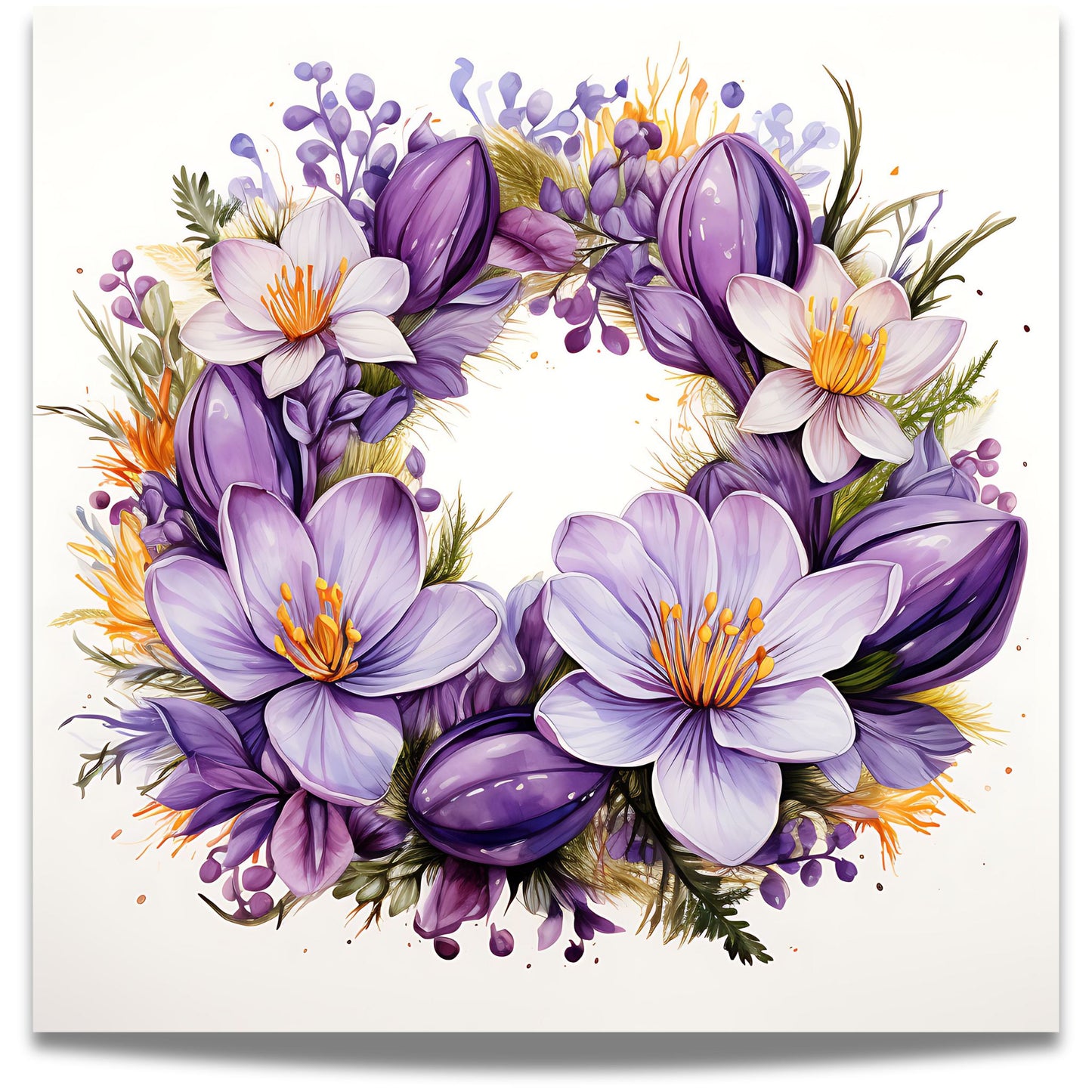 Krokuskrans i Lilla – Plakat er en botanisk skjønnhet, hvor lilla og hvite krokus danner en sirkulær krans – ideell for deg som elsker florale detaljer og nordisk estetikk.
