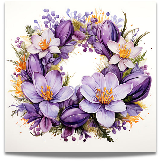Krokuskrans i Lilla – Plakat er en botanisk skjønnhet, hvor lilla og hvite krokus danner en sirkulær krans – ideell for deg som elsker florale detaljer og nordisk estetikk.