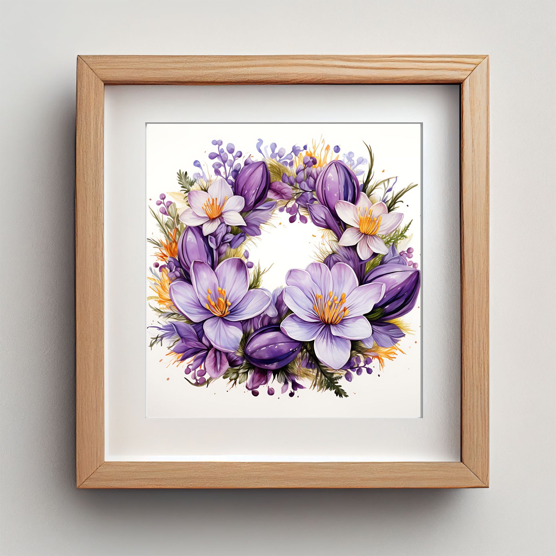 Krokuskrans i Lilla – Plakat er en botanisk skjønnhet, hvor lilla og hvite krokus danner en sirkulær krans – ideell for deg som elsker florale detaljer og nordisk estetikk. Illustrasjon viser plakat med passepartout i eik ramme.