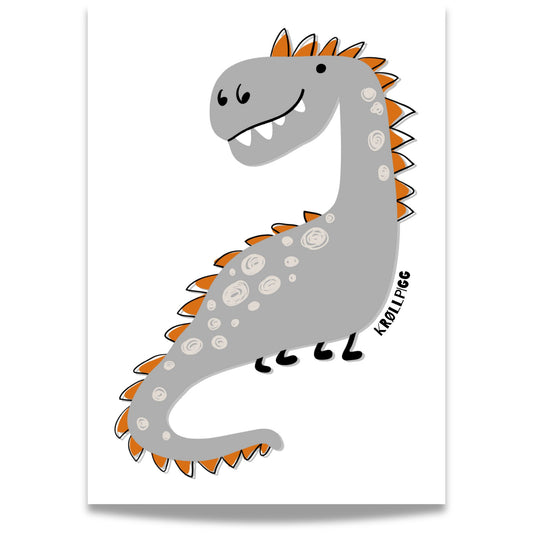 Grå dinosaur med krøllete mønster og oransje pigger på lys bakgrunn.