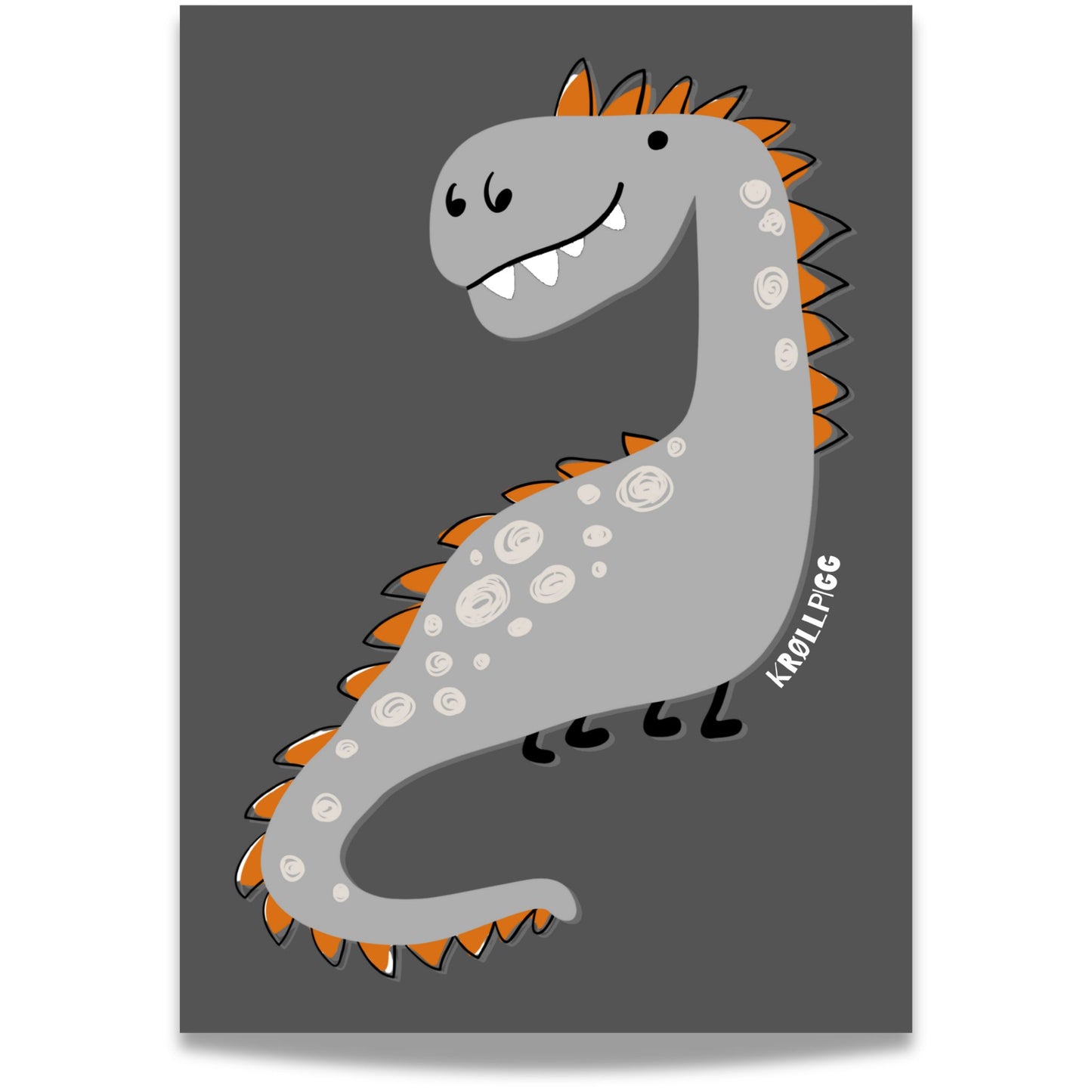 Grå dinosaur med krøllete mønster og oransje pigger på mørk bakgrunn.