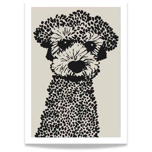 Dette minimalistiske og moderne kunstverket skildrer en sjarmerende puddel i en unik svart-hvitt silhuettstil, perfekt for hundeelskere og kunstentusiaster.