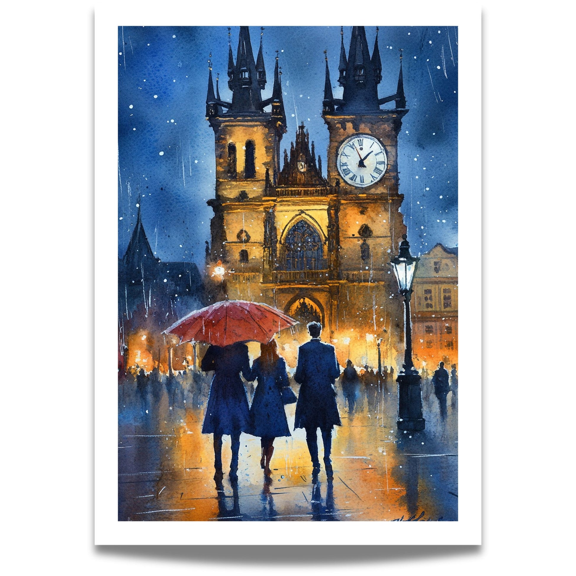 Opplev magien av en regntung kveld i Praha med Kveld i Praha – en kunstplakat i vakker akvarellstil.
