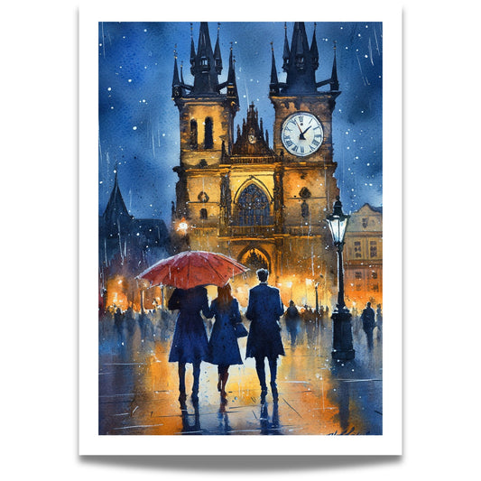 Opplev magien av en regntung kveld i Praha med Kveld i Praha – en kunstplakat i vakker akvarellstil.