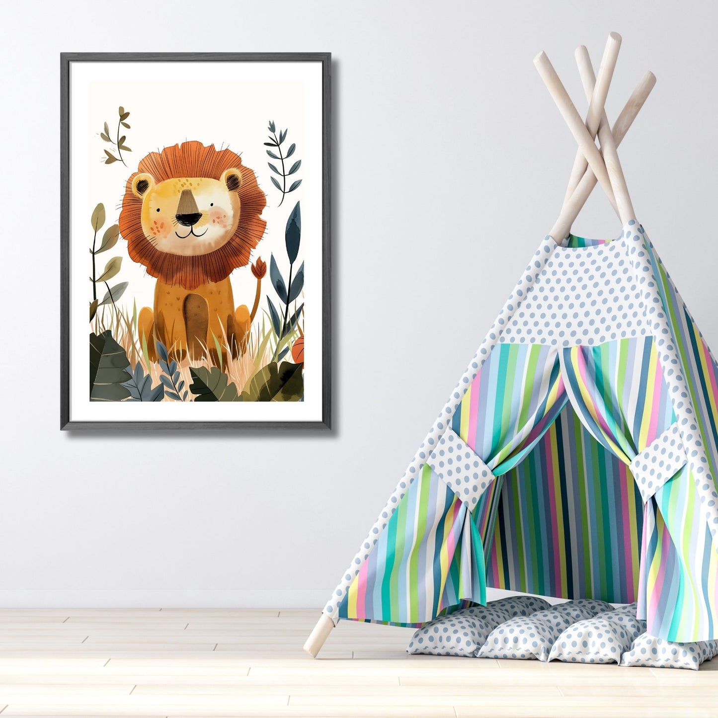 Løve - Grafisk illustrasjon - barneplakat. Illustrasjonsbilde viser plakat i ramme på et barnerom.