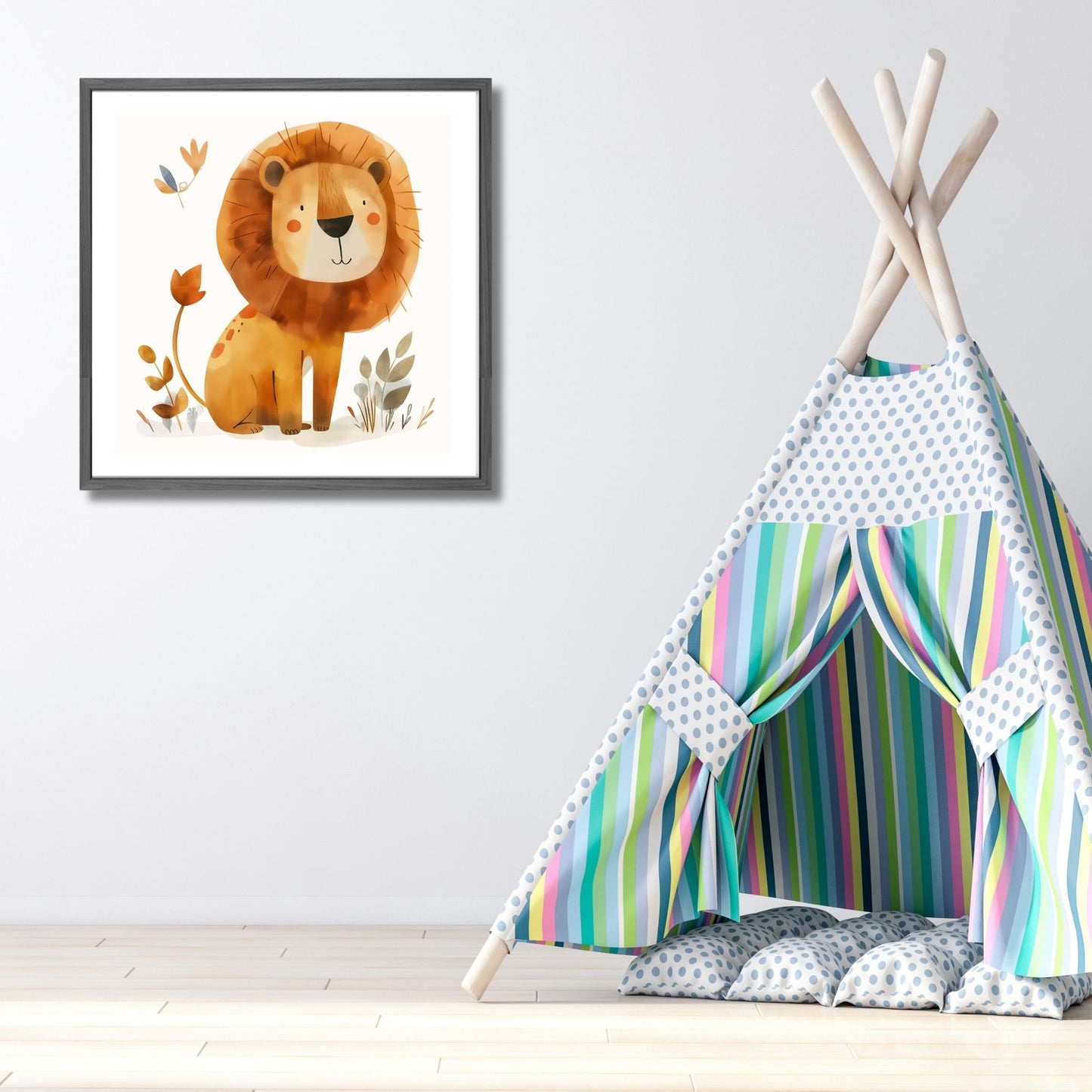 Løve - Grafisk illustrasjon - barneplakat. Illustrasjonsbilde viser plakat i ramme på et barnerom.