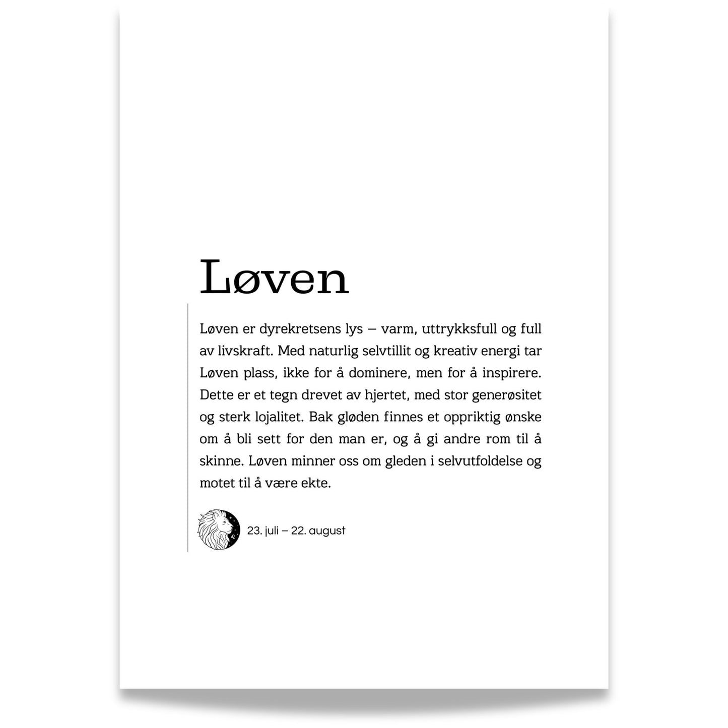 Minimalistisk stjernetegnplakat for Løven med typografisk tekst og rolig, nordisk uttrykk