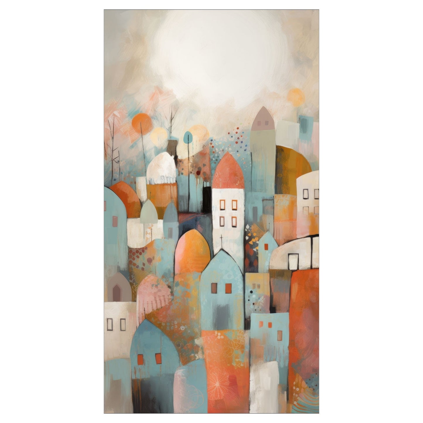 Fargerikt abstrakt grafisk motiv av små hus tett. i en liten landsby Fargene går i rust, og beige.
