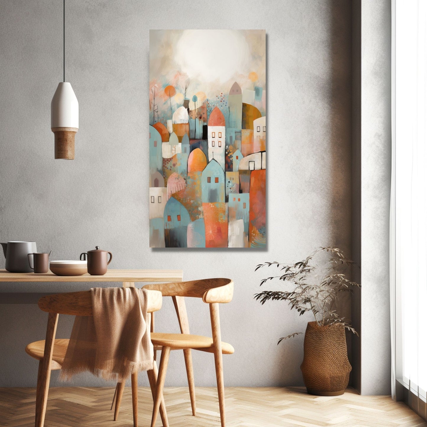 Fargerikt abstrakt grafisk motiv av små hus tett. i en liten landsby Fargene går i rust, og beige. Illustrasjonen viser bilde på lerret på en vegg ved siden av et spisebord.