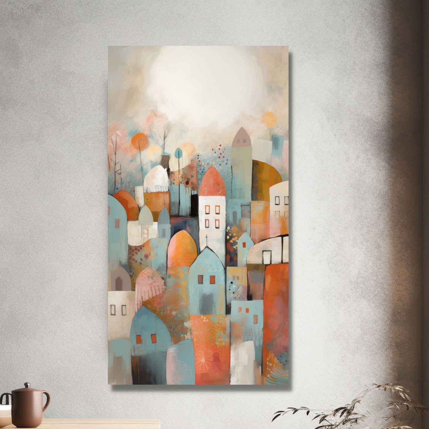 Fargerikt abstrakt grafisk motiv av små hus tett. i en liten landsby Fargene går i rust, og beige. Illustrasjonen viser bilde på lerret på en vegg.