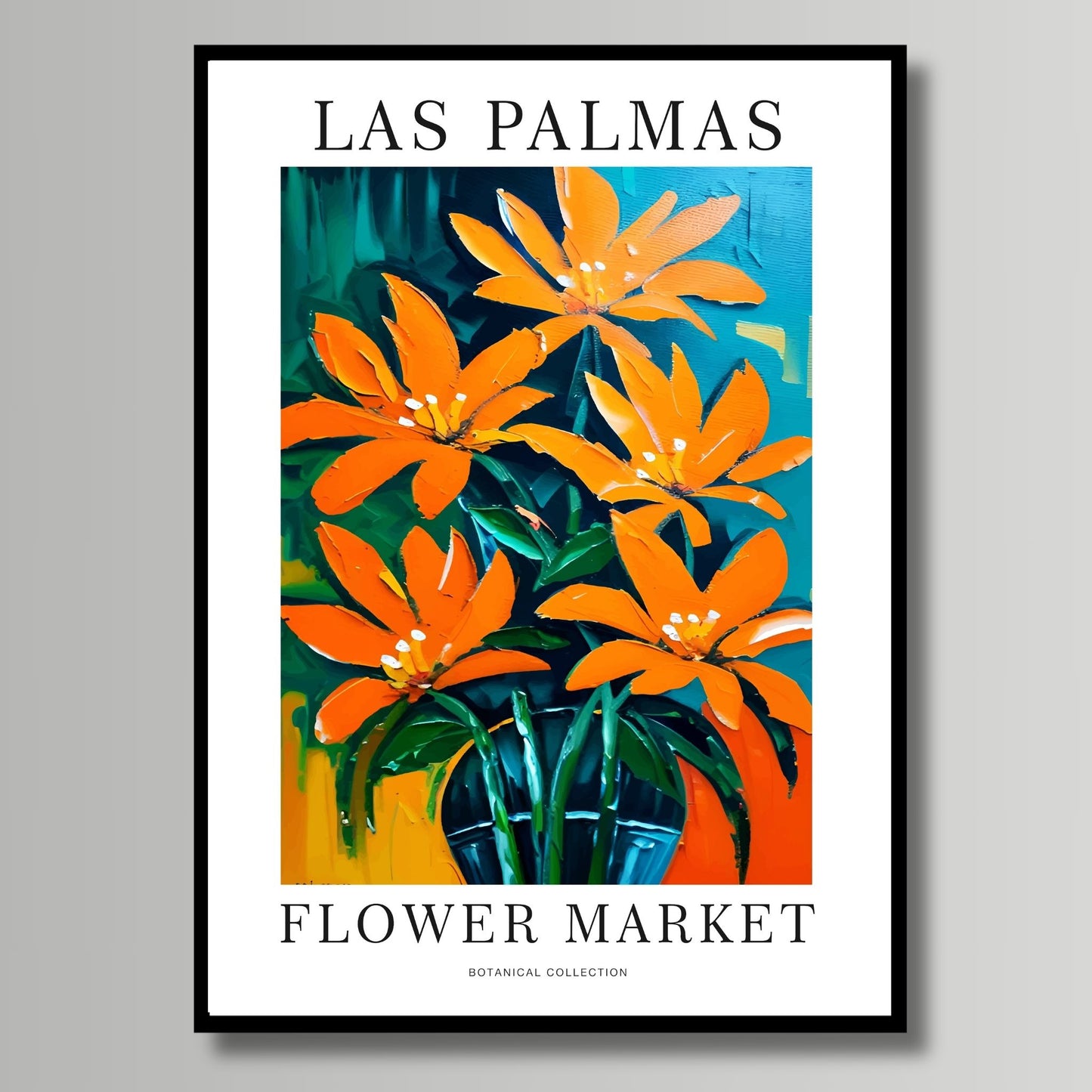 Denne unike plakaten fremhever håndmalte oransje blomster mot en levende bakgrunn av grønne og blå nyanser. illustrasjon viser plakat i sort ramme.