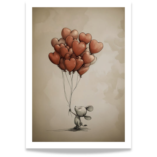 Dette sjarmerende kunstverket illustrerer en søt, håpefull mus som holder et knippe med hjerteformede ballonger, klar til å sveve inn i drømmenes verden. 