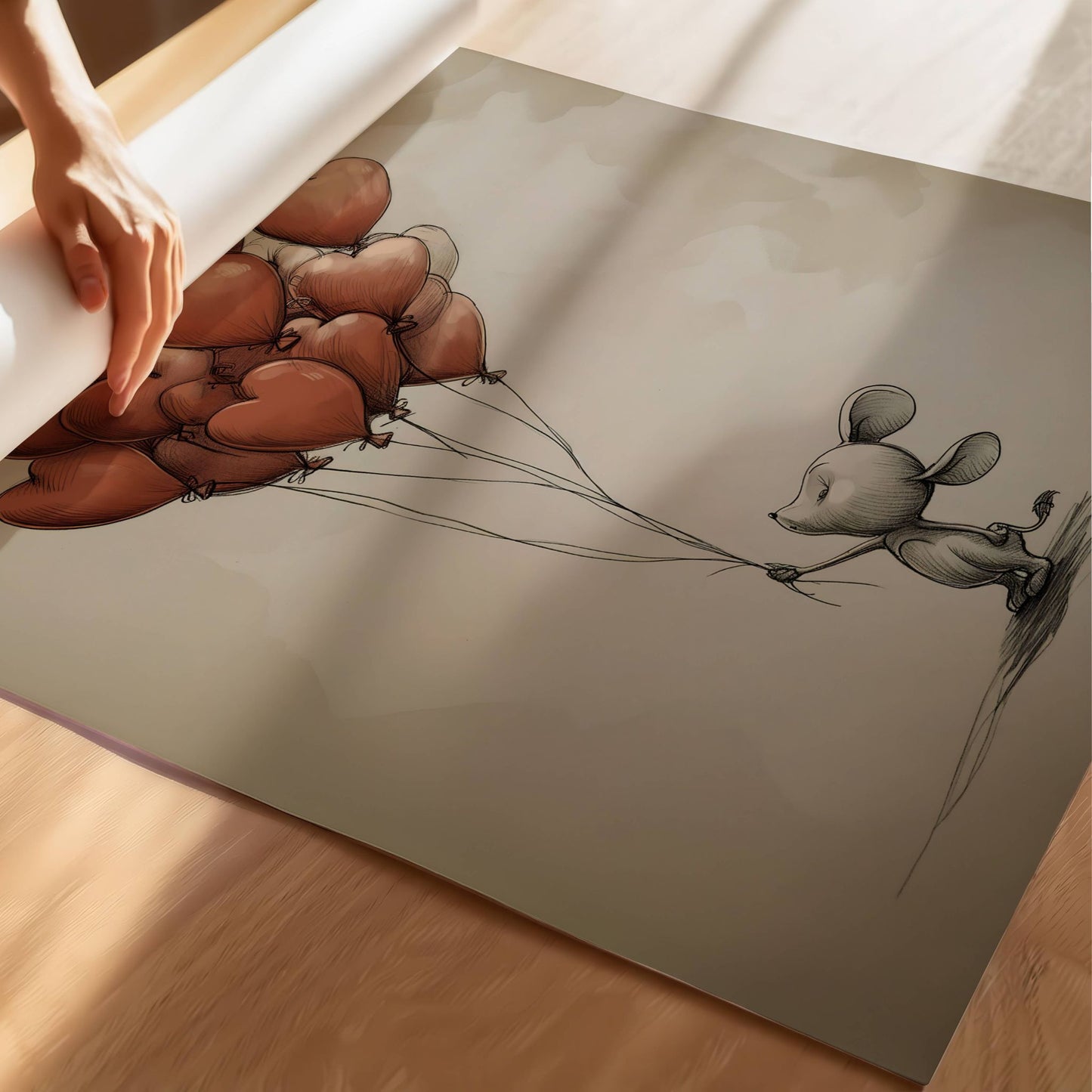 Dette sjarmerende kunstverket illustrerer en søt, håpefull mus som holder et knippe med hjerteformede ballonger, klar til å sveve inn i drømmenes verden. Illustrasjon viser plakat på print.