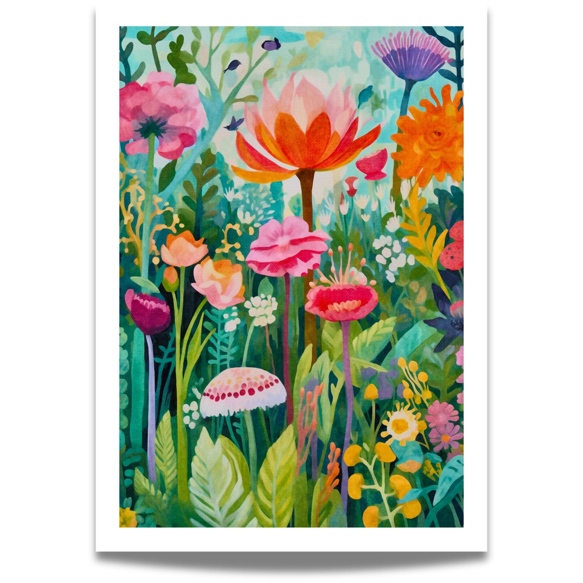 En frodig hageplakat med sterke, friske farger og blomster i fullt flor.