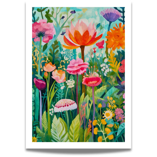 En frodig hageplakat med sterke, friske farger og blomster i fullt flor.