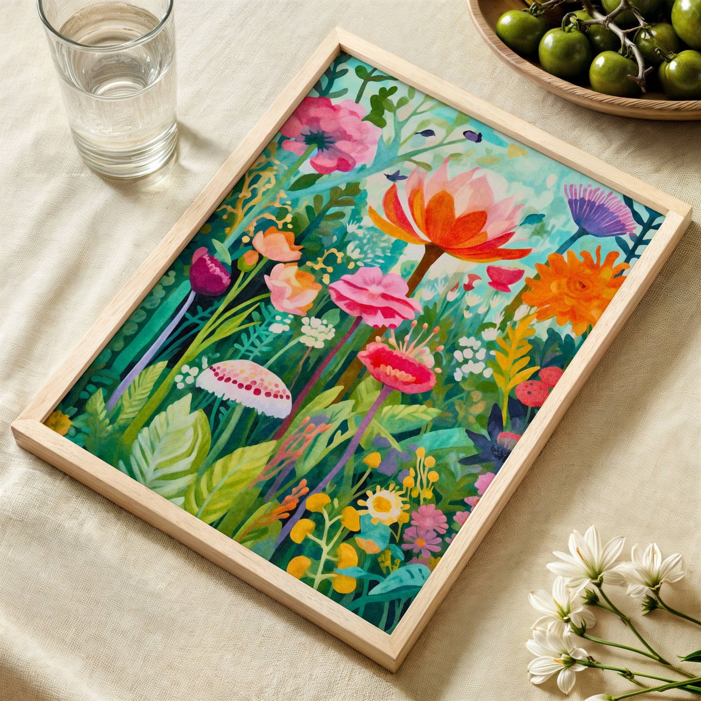 En frodig hageplakat med sterke, friske farger og blomster i fullt flor. Illustrasjon viser plakat uten hvit kant i eik ramme.