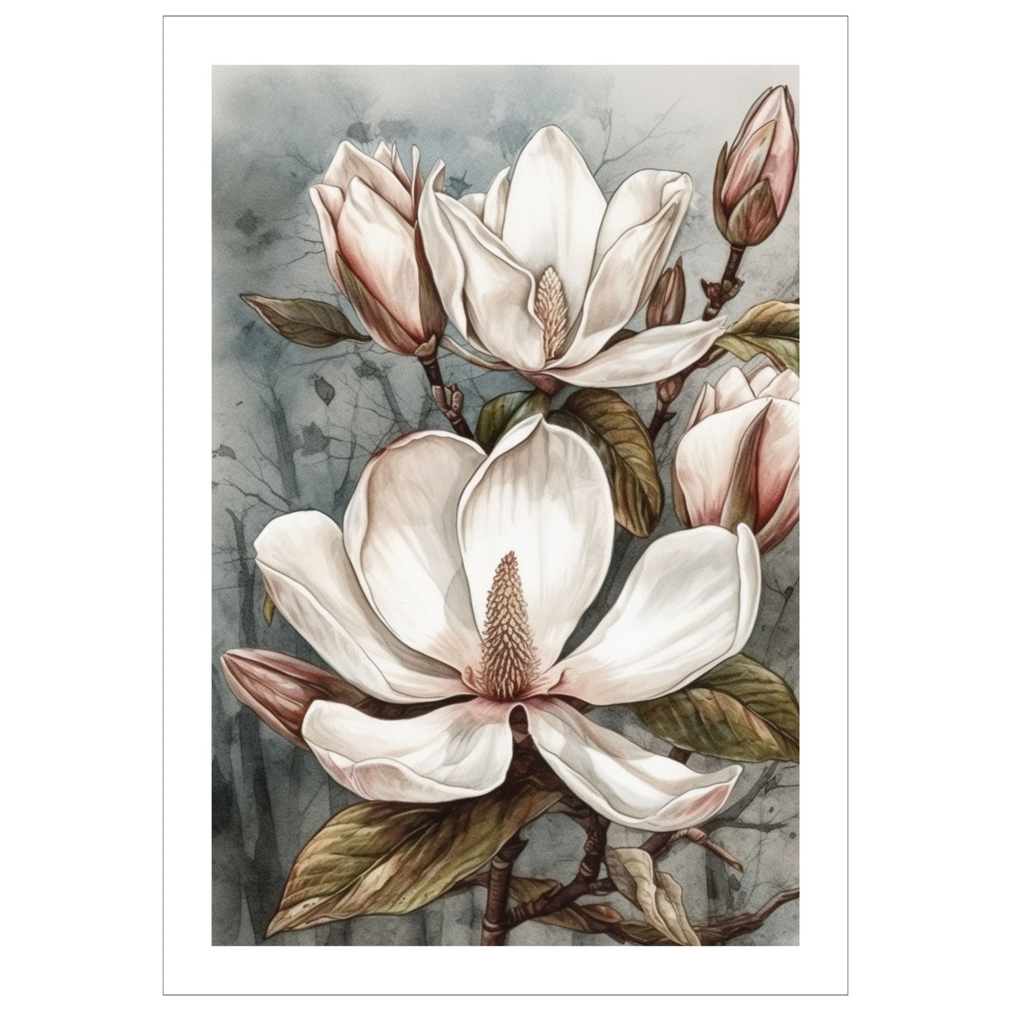 Grafisk motiv av Magnolia blomster trykket på plakat. Rundt bildet er det en dekorativ hvit kant.