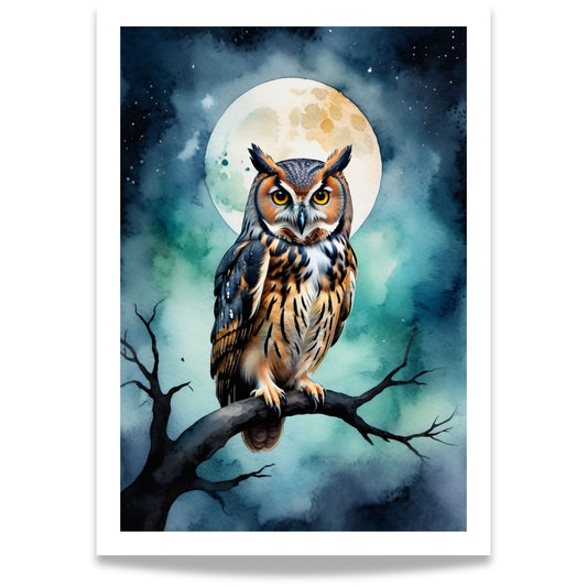 “Midnight Owl” viser en ugle i måneskinn, sittende på en gren med nattehimmelen som bakteppe. 