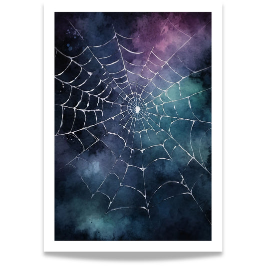 “Midnight Web” er en stemningsfull Halloween-plakat som viser et delikat edderkoppnett mot en mørk, tåkete bakgrunn i blå, lilla og grønne nyanser
