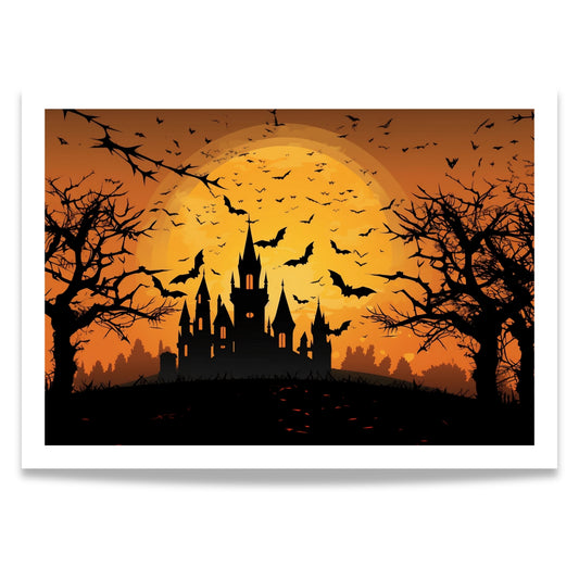 Skap den perfekte Halloween-stemningen med Midnight Castle, en mystisk Halloween-plakat som fanger et skremmende slott badet i fullmånens lys, omgitt av flaggermus og mørke skyer