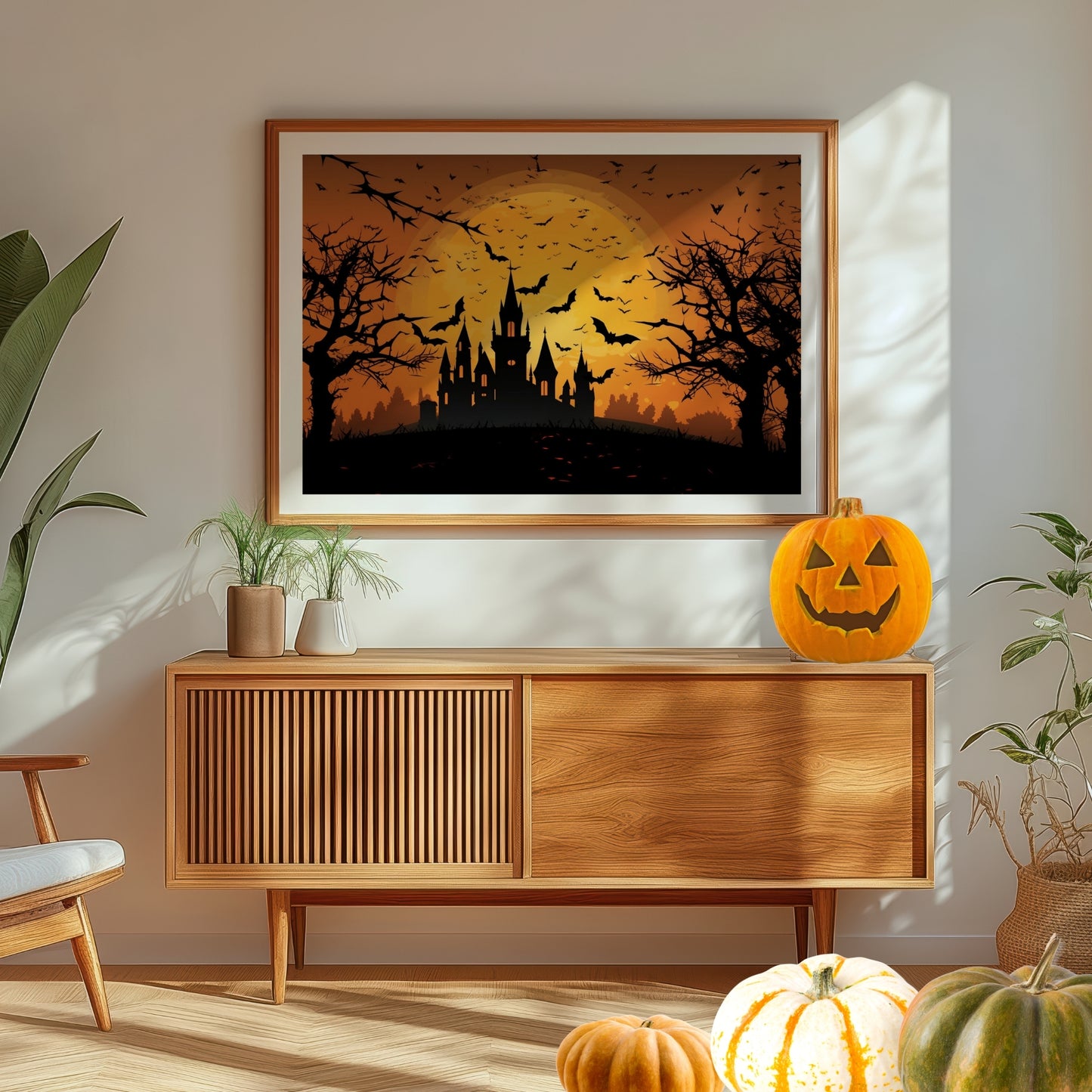 Skap den perfekte Halloween-stemningen med Midnight Castle, en mystisk Halloween-plakat som fanger et skremmende slott badet i fullmånens lys, omgitt av flaggermus og mørke skyer. Illustrasjonsfoto viser plakat i eik ramme.