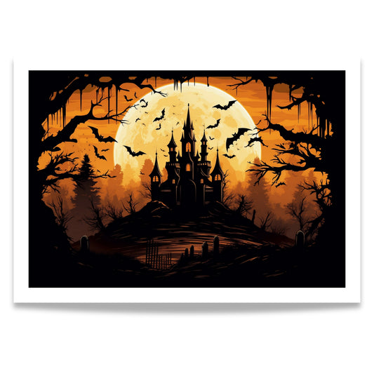 Skap den perfekte Halloween-stemningen med Midnight Castle, en mystisk Halloween-plakat som fanger et skremmende slott badet i fullmånens lys, omgitt av flaggermus og mørke skyer. 