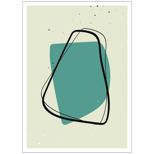 Grafisk abstrakte kunstplakat kombinerer elegant svart og grønn på en subtil beige bakgrunn.