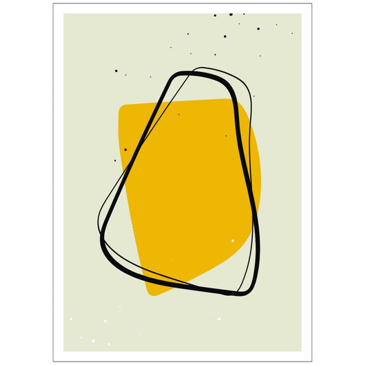 Grafisk abstrakte kunstplakat kombinerer elegant svart og gult på en subtil beige bakgrunn.