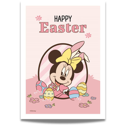 Happy Easter - Minni Mus plakat, en unik grafisk illustrasjon som bringer gleden og fargene fra påskehøytiden inn i hjemmet ditt.