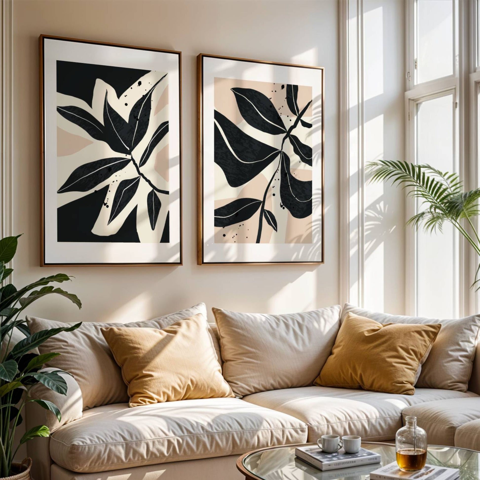Monochrome Botanica er en stilren serie plakater med botanisk motiv i kontrastfull sort-hvitt design. Illustrasjon viser motiv no 1 og 2 i ramme med passepartout.