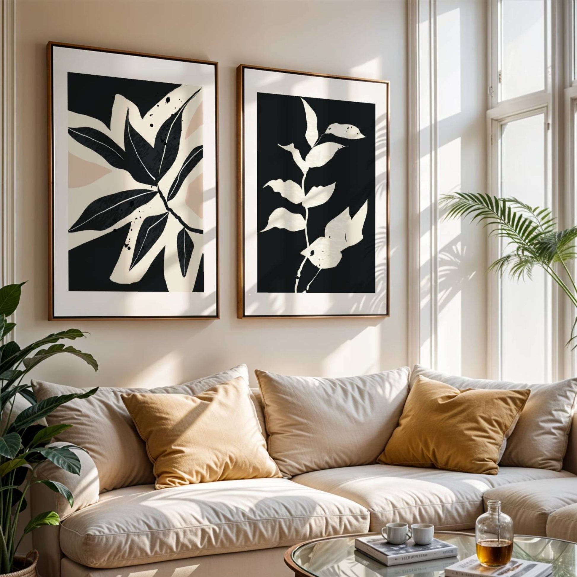 Monochrome Botanica er en stilren serie plakater med botanisk motiv i kontrastfull sort-hvitt design. Illustrasjon viser motiv no 1 og 2 i ramme med passepartout.