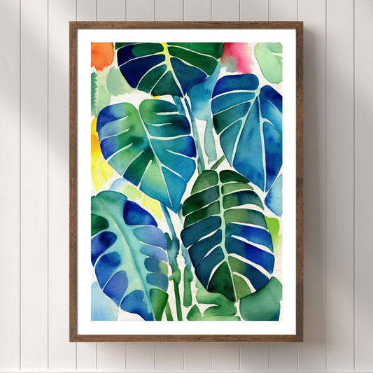 Unik grafisk akvarellen av fargerike Monstera blader som bringer liv, farge og naturlig skjønnhet inn i ethvert hjem. Illustrasjonsfoto viser motivet som plakat i brun ramme.