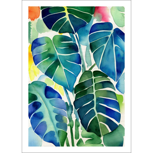Unik grafisk akvarellen av fargerike Monstera blader som bringer liv, farge og naturlig skjønnhet inn i ethvert hjem.