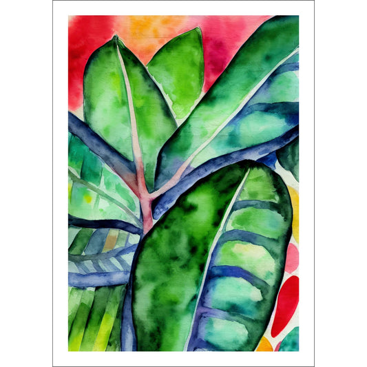 Unik grafisk akvarellen av fargerike Monstera blader som bringer liv, farge og naturlig skjønnhet inn i ethvert hjem. 
