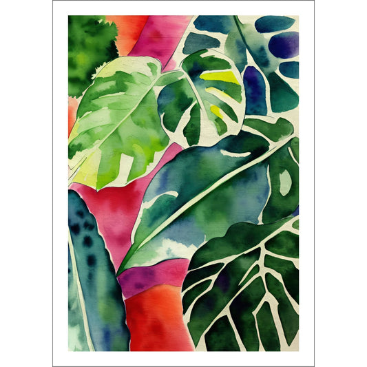 Unik grafisk akvarellen av fargerike Monstera blader som bringer liv, farge og naturlig skjønnhet inn i ethvert hjem. 