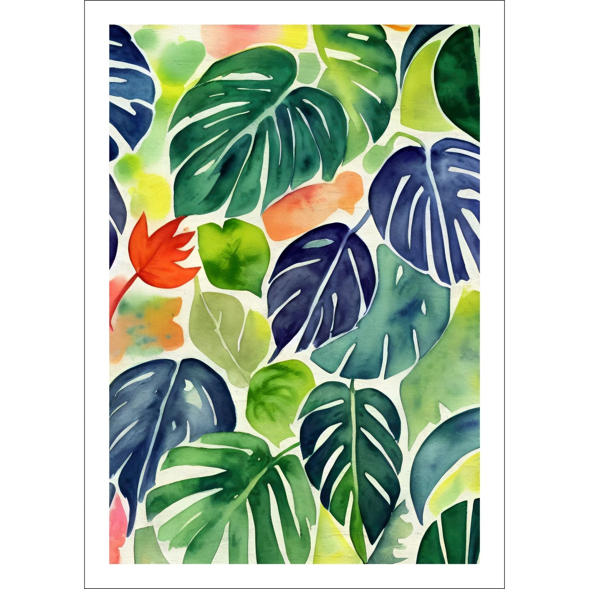 Unik grafisk akvarellen av fargerike Monstera blader som bringer liv, farge og naturlig skjønnhet inn i ethvert hjem. 