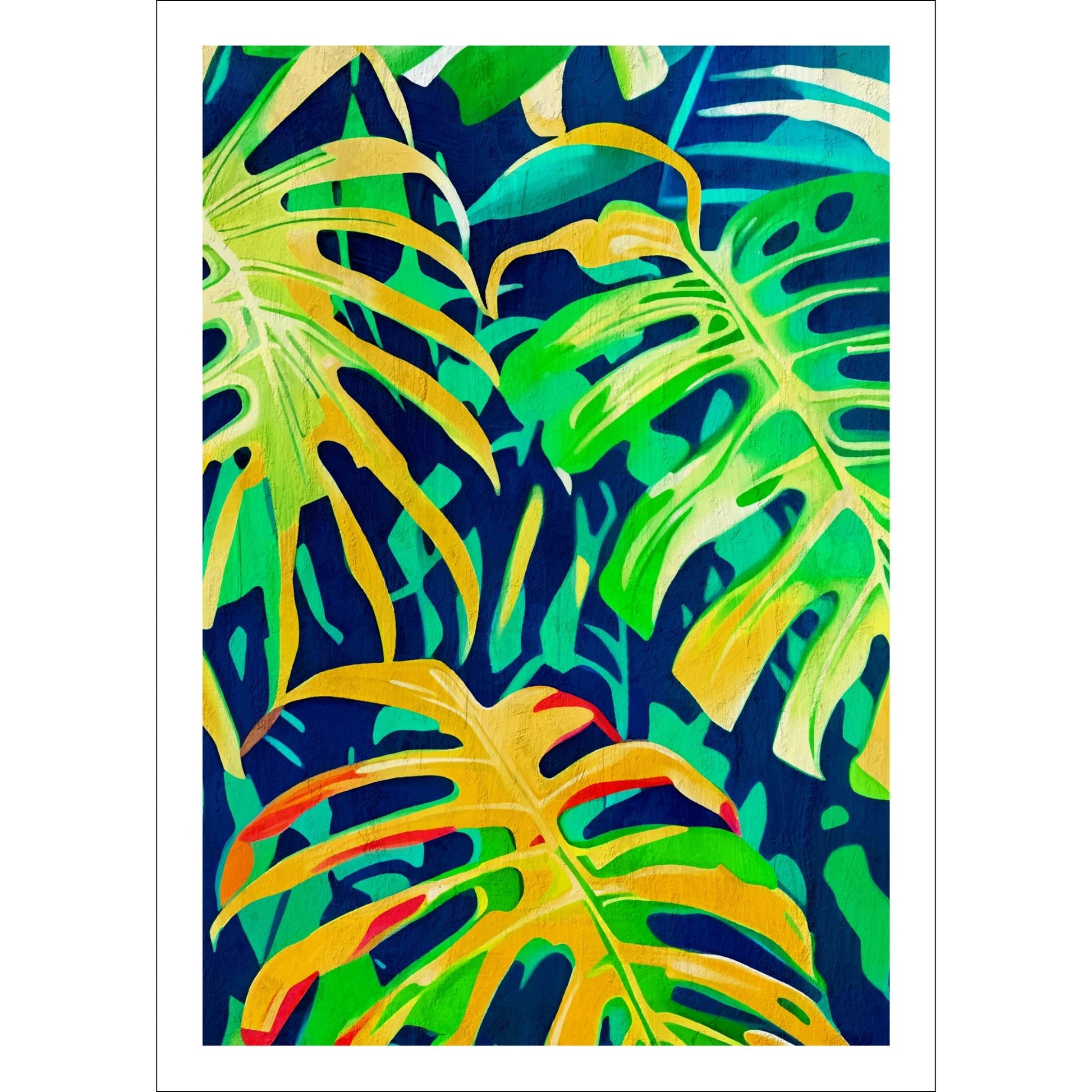 Unik grafisk akvarellen av fargerike Monstera blader som bringer liv, farge og naturlig skjønnhet inn i ethvert hjem. 