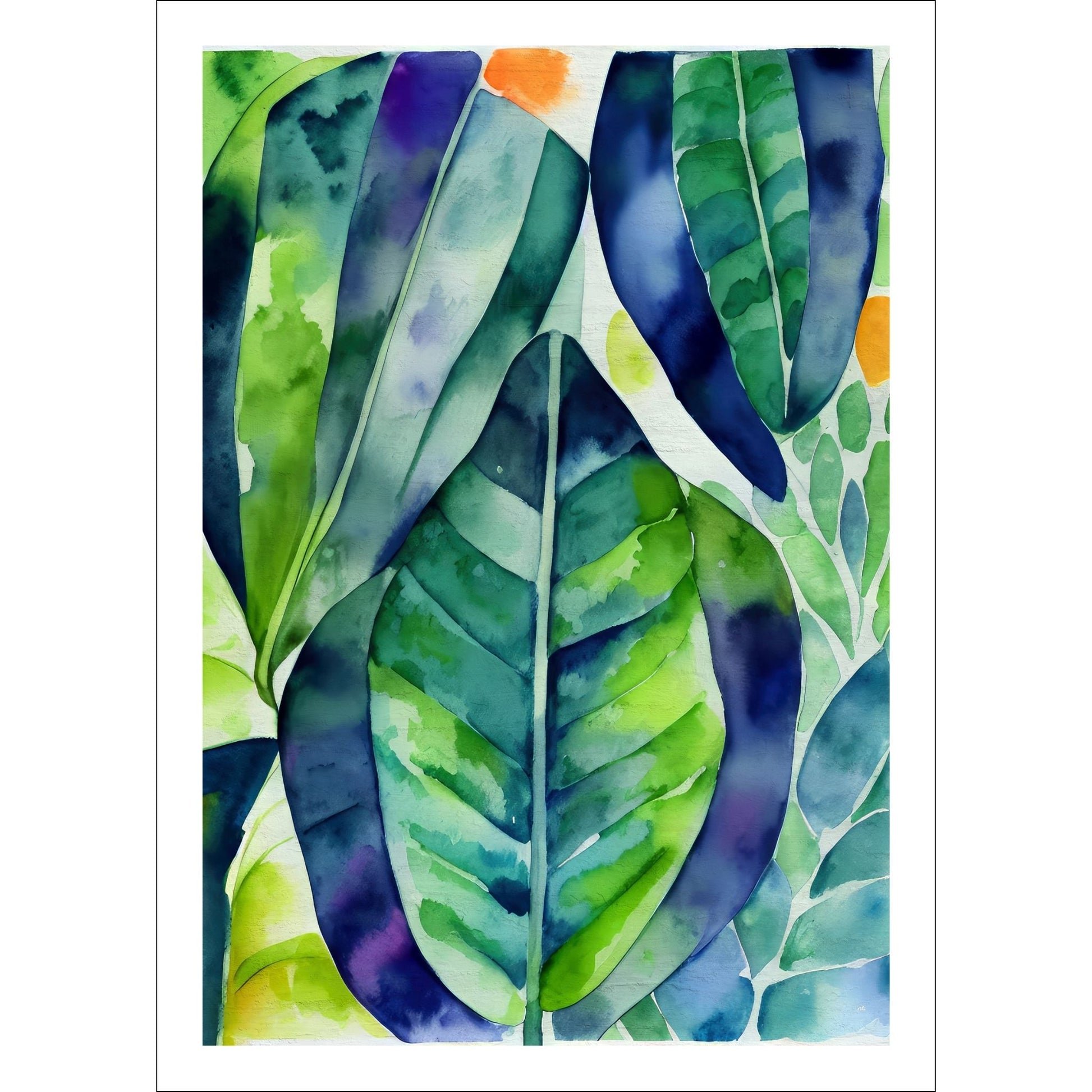 Unik grafisk akvarellen av fargerike Monstera blader som bringer liv, farge og naturlig skjønnhet inn i ethvert hjem. 