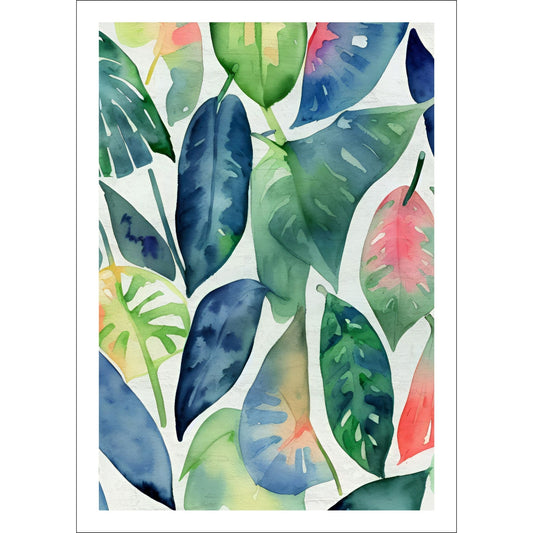 Unik grafisk akvarellen av fargerike Monstera blader som bringer liv, farge og naturlig skjønnhet inn i ethvert hjem. 