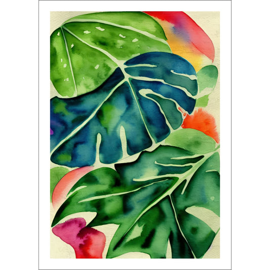 Unik grafisk akvarellen av fargerike Monstera blader som bringer liv, farge og naturlig skjønnhet inn i ethvert hjem.