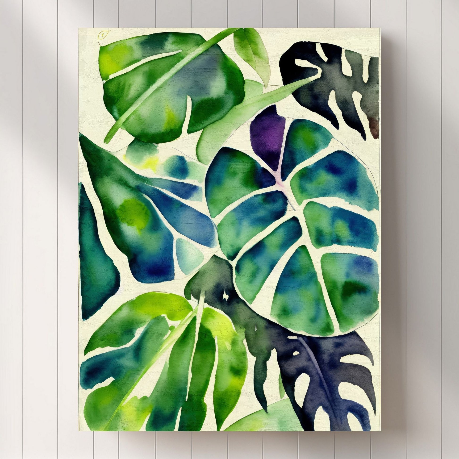 Unik grafisk akvarellen av fargerike Monstera blader som bringer liv, farge og naturlig skjønnhet inn i ethvert hjem. Illustrasjonsfoto viser motivet på lerret.