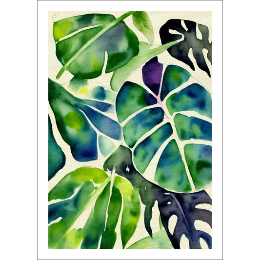 Unik grafisk akvarellen av fargerike Monstera blader som bringer liv, farge og naturlig skjønnhet inn i ethvert hjem. 