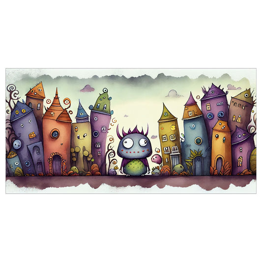 Cartoon illustrasjon "Monsterbyen" - et fantastisk sted der små, søte monstre utforsker sin livlige og fargerike verden.