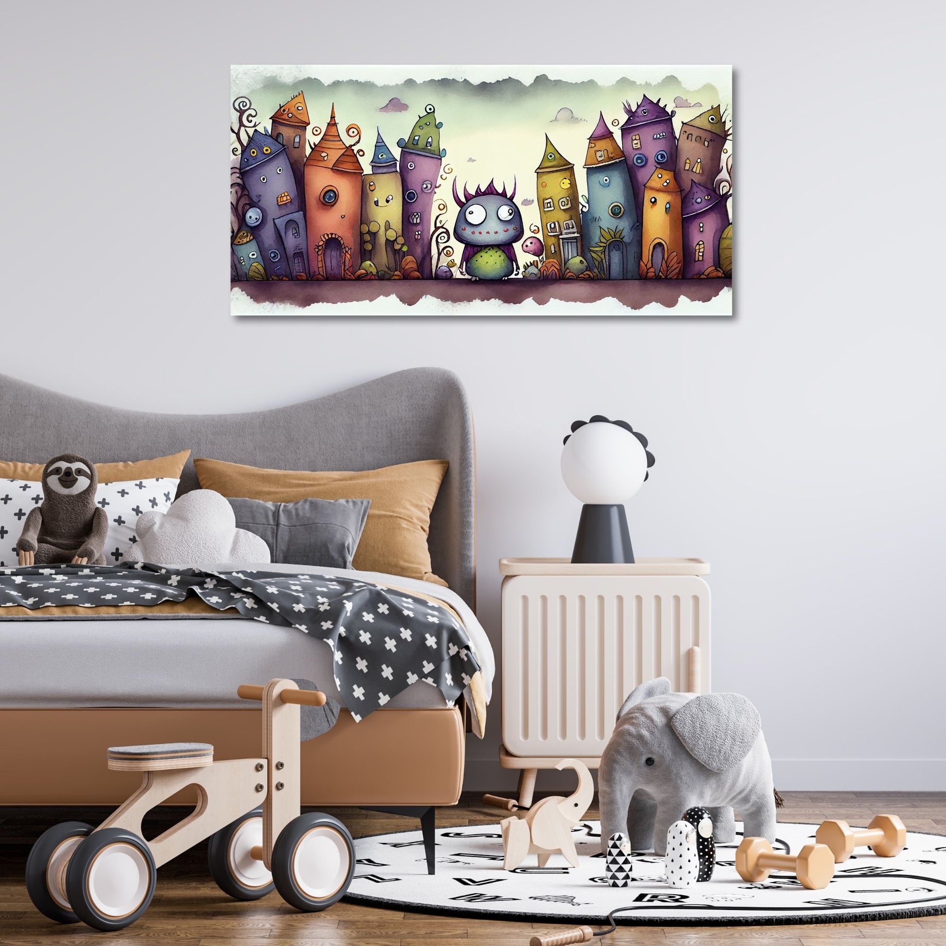 Cartoon illustrasjon "Monsterbyen" - et fantastisk sted der små, søte monstre utforsker sin livlige og fargerike verden. Illustrasjonsfoto viser lerret på en vegg på et barnerom.